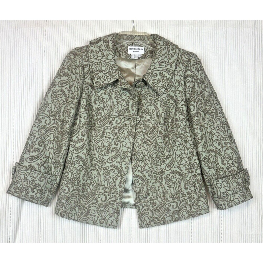 Charles Gray London lined crop jacket paisley print metallic green & grey Small